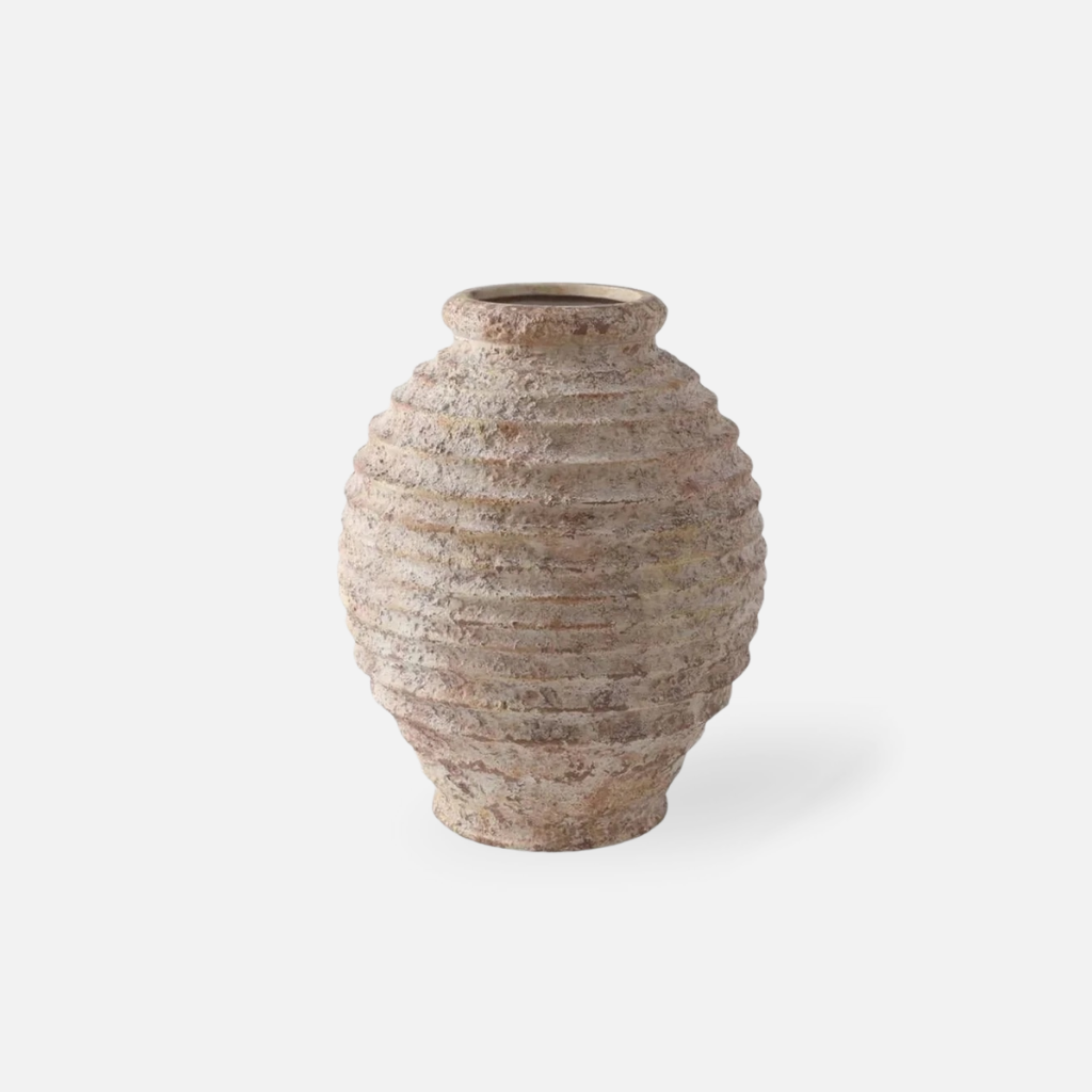 Amfora rustic ceramic vase with rough pottery texture, standing 13cm wide by 19cm high
